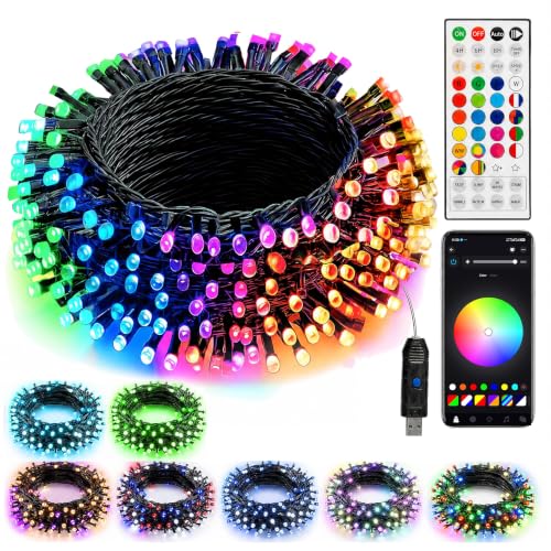 Dazzle Bright RGB 33ft 100 LED Color Changing Christmas Lights, USB Powered, Bluetooth + Remote