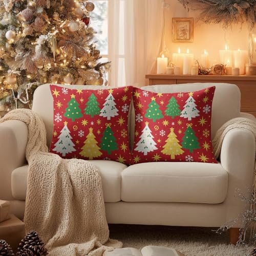 HOMETITUTE Christmas Throw Pillow Covers Set of 2 - Festive 18x18 inches, Tree & Star Pattern, Holiday Home Decor #008