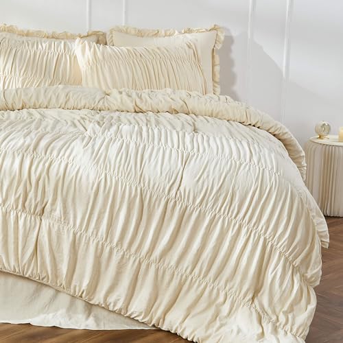Wheat Queen Size Ruching Comforter Set - Luxurious Bedding with Shabby Chic Ruffles