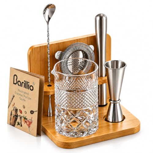 24 Oz Crystal Cocktail Mixing Glass Set with Bamboo Stand & Bar Tools - 7 Pieces