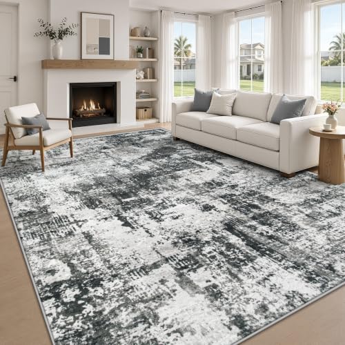 MXSANYOO 9x12 Black Grey Washable Area Rug Non-Slip Stain-Resistant Low Pile Modern Carpet for Dining & Bedroom