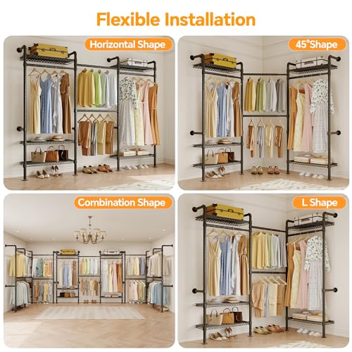 Higeego W3 Wall Mounted Clothes Rack - Black Industrial Pipe Closet System, Adjustable & Heavy Duty