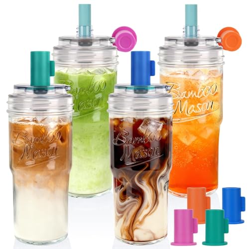 Glass Mason Jar Coffee Cup with Colorful Lids & Silicone Straws - 24oz Leakproof Tumbler Set - Reusable Eco-Friendly Drinkware for Iced Coffee & Matcha - 4 Pack