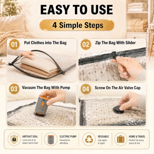 PackNstore XXXL Vacuum Storage Bags 8 Pack with Electric Pump - Space Saver for Clothes & Bedding