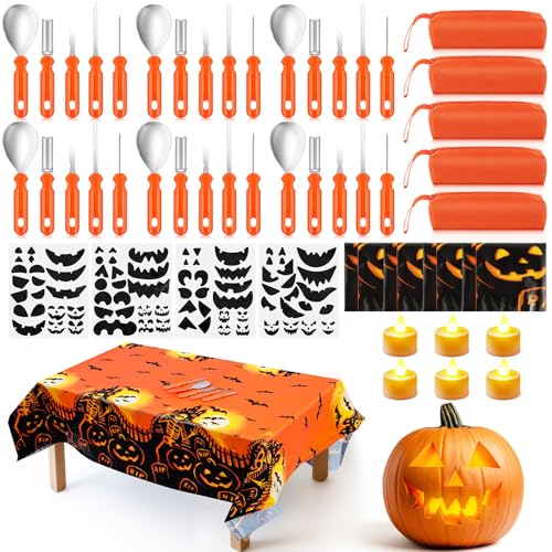 Orange Halloween Pumpkin Carving Kit - 6 Sets with Tools, Stickers & Lights
