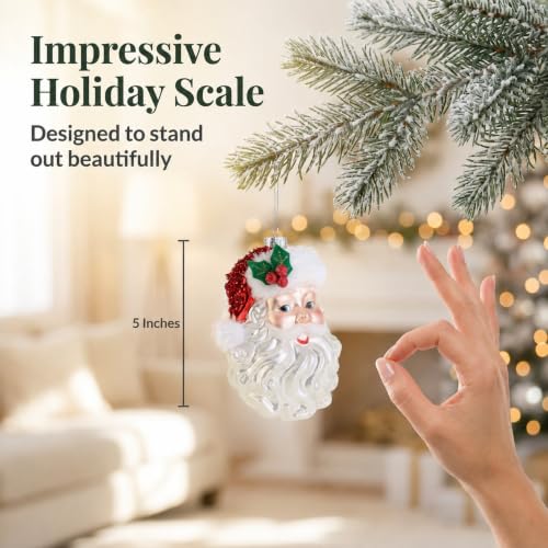 Santa Claus Face Glass Ornament – 5 Inch Holiday Christmas Tree Decor
