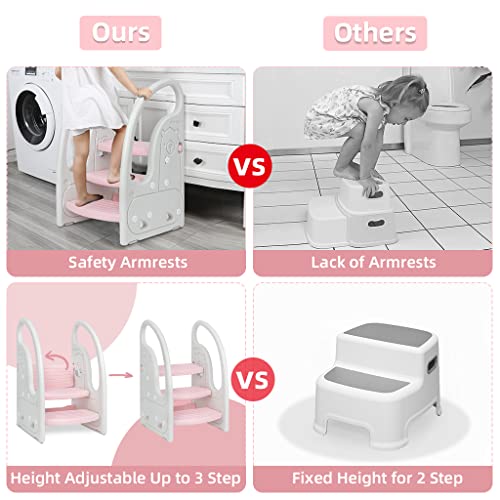 Pink Kids 3-Step Toddler Learning Tower Stool & Chair for Kitchen & Bathroom