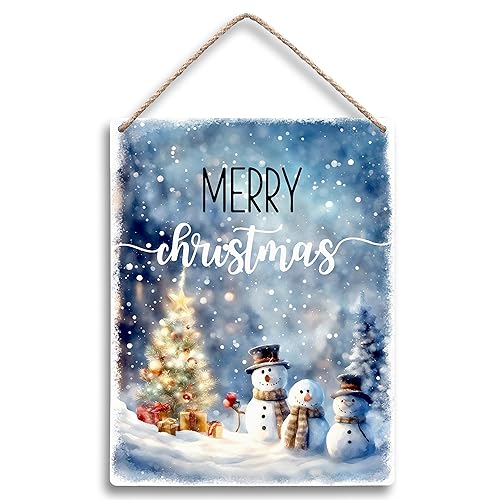 FUGWN Merry Christmas Blue Winter Snowman Xmas Hanging Wooden Signs 8x10, Merry Christmas Sign, Christmas Wall Decor, Christmas Hanging Sign, Wood Christmas Sign, Blue Christmas Decor