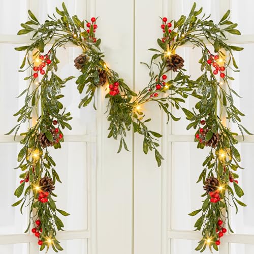 SLPBABY 6.6ft Lighted Christmas Garland – Prelit with 20 Warm LEDs, Pine Cones & Red Berry, Battery Operated w/ Timer