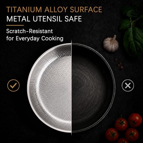 10-Inch No-Coating Titanium Alloy Frying Pan with Lid - Handhaft, Hammered Surface
