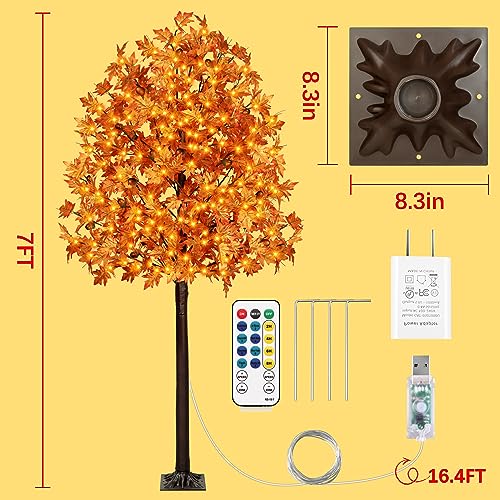 Remon 7FT Fall Maple Tree Light 170 LEDs with 17 Acorns, Remote, 8 Modes, Outdoor Decor