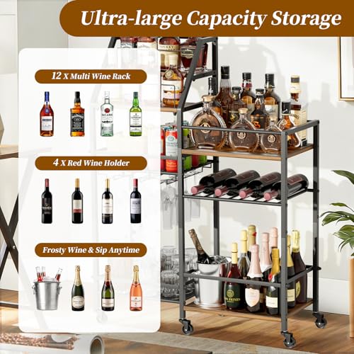 Large Black & Brown Rolling Bar Cart with Wine Glass Holder and 4-Bottle Wine Rack