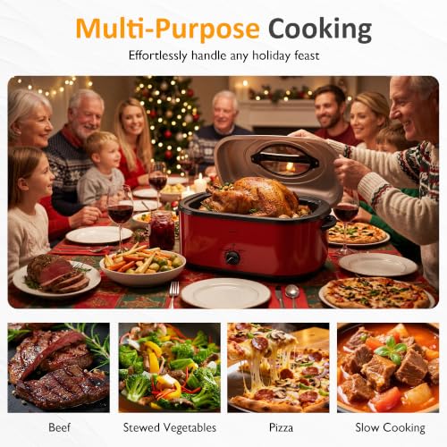 Sunvivi Red 28QT Electric Roaster Oven with Buffet Server for Large Turkey