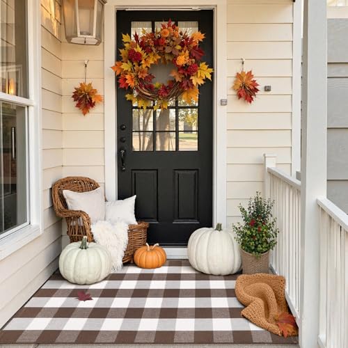 KIMODE 3x5 ft Buffalo Plaid Outdoor Front Door Mat - Farmhouse Welcome Rug, Reversible, Machine Washable, Coffee/White