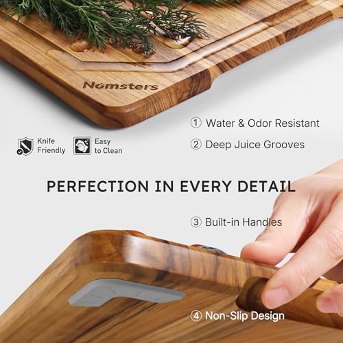 Nomsters 3-Pack Teak Wood Cutting Boards Set with Holder, Non-Slip Base, 10/13/17 Inch