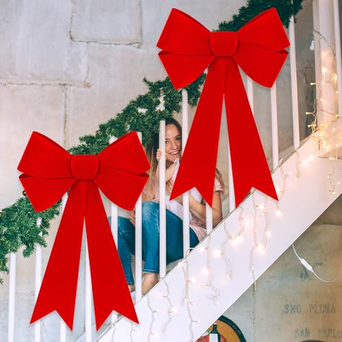 Heartome 2 Pcs Red Christmas Decor Large Velvet Bows 12x24 Inches for Indoor & Outdoor Holiday Decorations