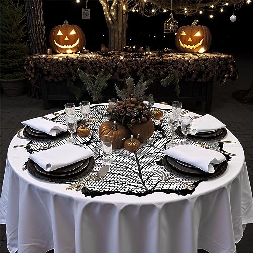 40-Inch Black Lace Spiderweb Tablecloth – Round Halloween Table Topper