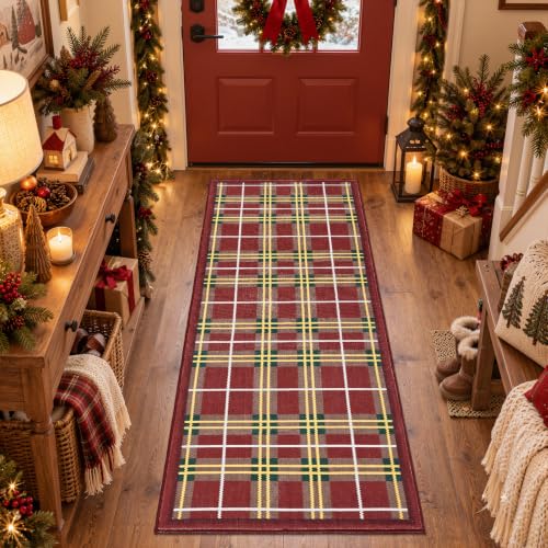 Jinchan 2x5 Christmas Runner Rug, Tart an Plaid - Red/Green, Washable Entryway Hallway
