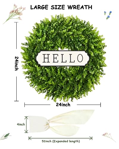 Large Green Boxwood Wreath 24 Inch Front Door Spring Garden Decor - Hello Sign Included