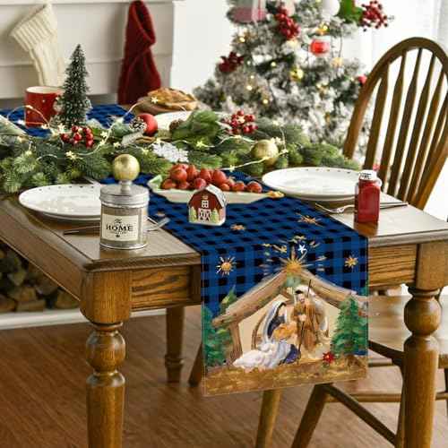 Christmas Table Runner Holy Nativity Tablecover Religious Scene Decor Christmas New Year Xmas Decor Nativity Decorations for Home Party