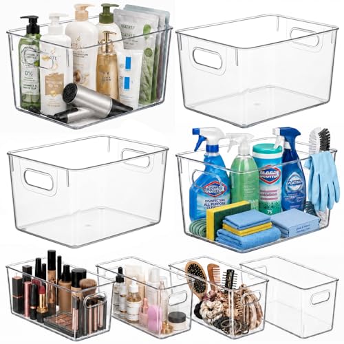 MOONEDGE 8 Pack Clear Plastic Storage Bins - 11x8x6in Large & Narrow Modular Organizer System