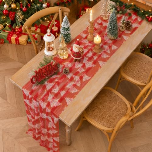 SoarDream Red Christmas Tree Table Runner 29x120 Inch Holiday Tulle Linen