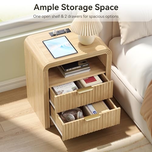 Nightstand with Charging Station - Oak Fluted Design, 2 Drawers - Natural Oak, 1 Pack