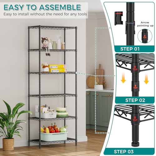 SINGAYE 6-Tier Metal Wire Shelving Unit, Adjustable Black Pantry Storage Shelf 14"D x 24"W x 72"H