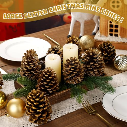 Janinka 24 Pcs 4 Inch Gold Christmas Glitter Pine Cones Ornaments