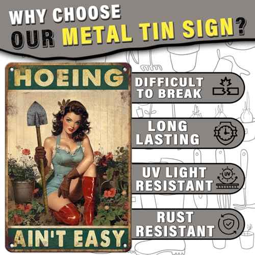 PEACHGARDEN Hoeing Ain't Easy Garden Sign Metal Garden Signs for Outside Yard Art Funny Outdoor Wall Decor Gardening Gifts for Women 8x12 Inch