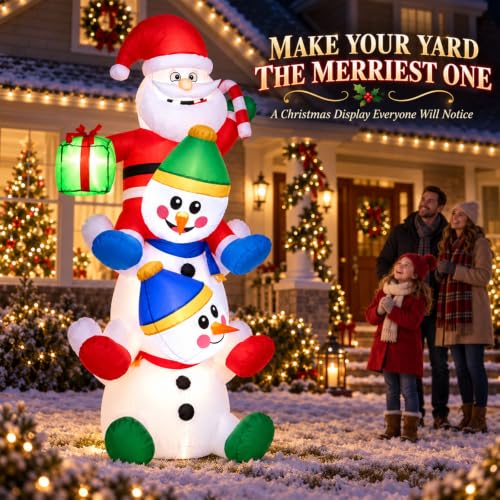 6.8 ft Santa on 2 Snowmen Inflatable Decoration with LED Lights