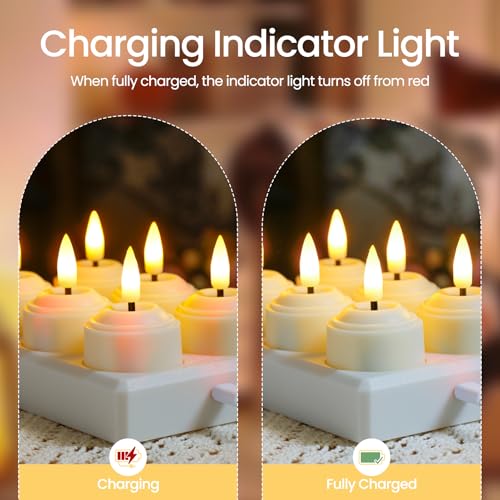Rechargeable LED Tea Light Candles with Remote & Charging Station - Flameless Ivory Set of 12