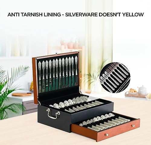 Silverware Storage Box with Lid and Polishing Cloth – Flatware Organizer for 14 Place Settings