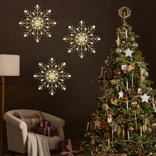 Gold 3-Piece Snowflake Starburst Wall Decor Set - 13.5in Crystal Rhinestone Metal Art