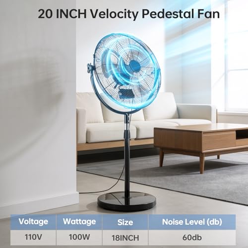 20 Inch Heavy Duty Metal Pedestal Fan - High Velocity Cooling & Adjustable Height