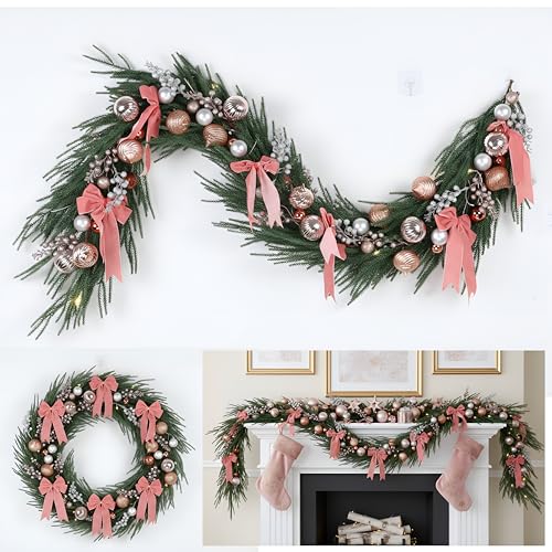 CraftyDream 6ft Christmas Norfolk Pine Garland with Lights – Rose Gold