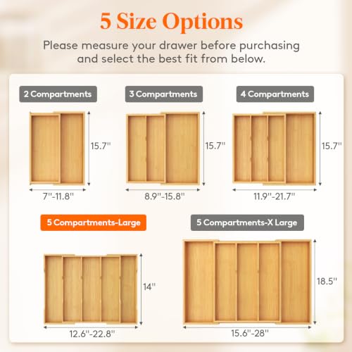 Expandable Bamboo Utensil Drawer Organizer - Natural, Fits 12.6-22.8" W Kitchen Drawer
