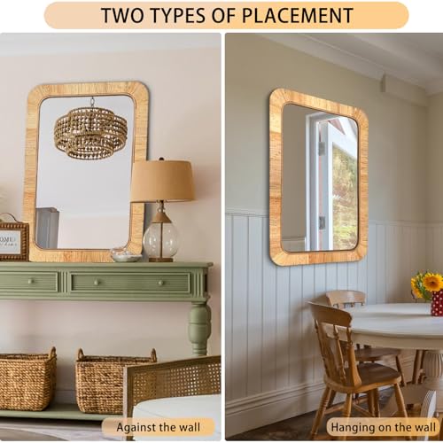Inoseen Rattan Rectangular Wall Mirror 24x36 Boho Bathroom & Bedroom Decor