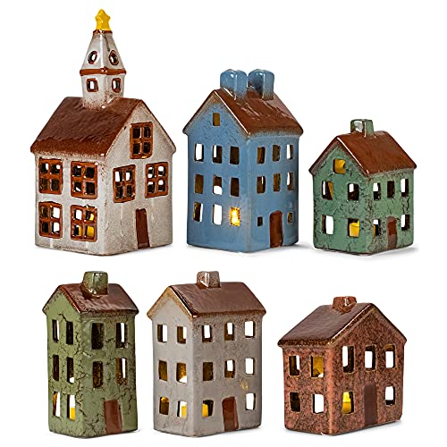 Mark Feldstein LED Village Houses & Church Figurines, 12 Pieces - Ceramic Lighted Decor Set