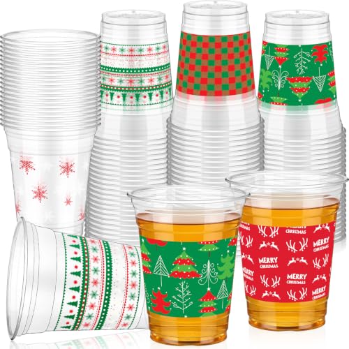 100 Pcs Christmas Plastic Cups 12 oz - Classic Holiday Party Disposable Glasses