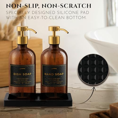 Amber Glass Soap Dispenser Set of 2 with Gold Pumps & Silicone Tray - 16.8 Oz