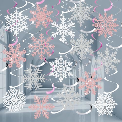 30Pcs Winter Snowflake Hanging Swirl Decorations, Pink White Silver Christmas Glitter Snowflake Hanging Swirls Ornaments Ceiling Streamers for Xmas Winter Wonderland Frozen Birthday Party Supplies