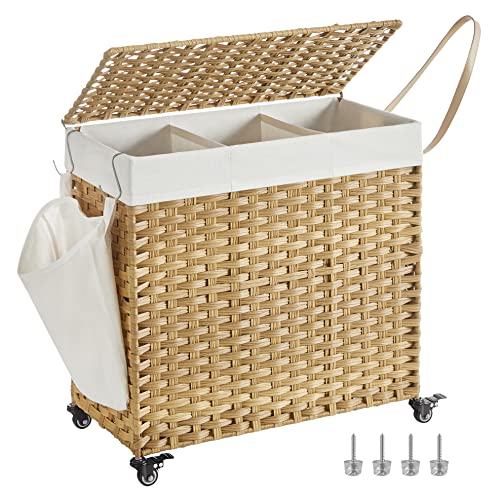 SONGMICS 140L Natural Synthetic Rattan Rolling Laundry Hamper with Lid & 3 Sections