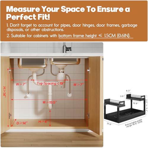 Biboraya Black Expandable Under Sink Organizer 19-32 Inches, 2-Tier Pull Out Cabinet Storage