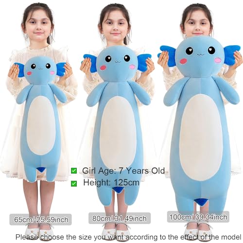 Long Axolotl Stuffed Animal Salamander Plush Pillow, Soft Axolotl Plush Toy for Boys Girls Gifts for Christmas (Blue, 65cm/25.59inch)