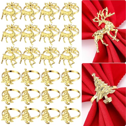 Tioncy 24 Pcs Christmas Napkin Rings - Reindeer & Ball Tree Gold Set