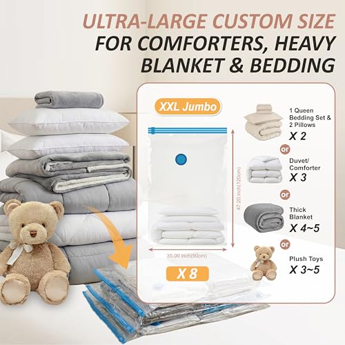 XXL Jumbo Vacuum Storage Bags Set - Space Saver with Hand Pump - 8 Pack