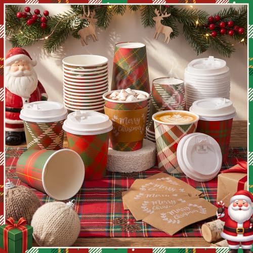 Mimorou 180Pcs 8oz Christmas Plaid Coffee Cups with Lids & Sleeves - Red Green