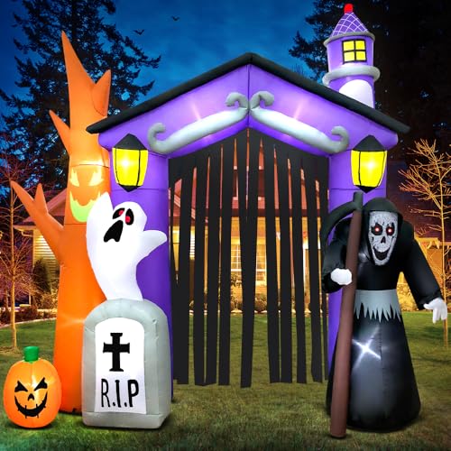 KOOY 9FT Haunted House Castle Archway Inflatable with LED Lights Halloween Decor