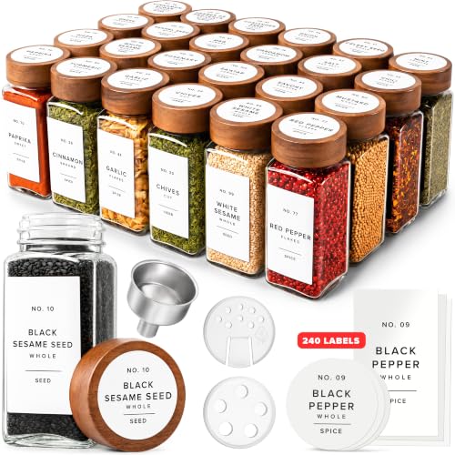 EDELHAUS Glass Spice Jars with Acacia Wooden Lids & White Labels - 24 Pack